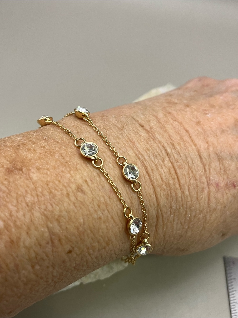 Gold Tone Double Strand Crystal Bracelet Clear Rhinestone Bezel Adjustable